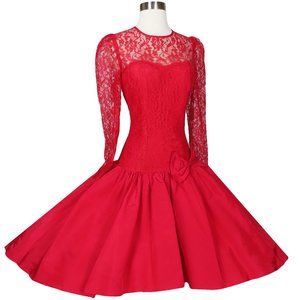 Vintage 80s Red Lace Long Sleeve Taffeta Full Skirt Prom Party Dress S Small